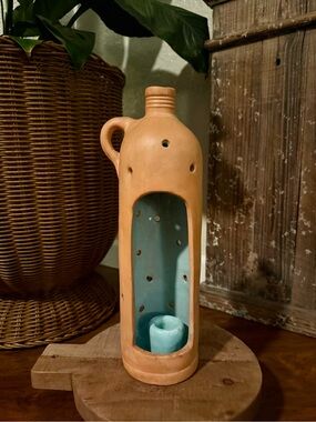 Vintage Chanticleer Pottery Terracotta Candle Lantern Jug Blue Glaze Signed